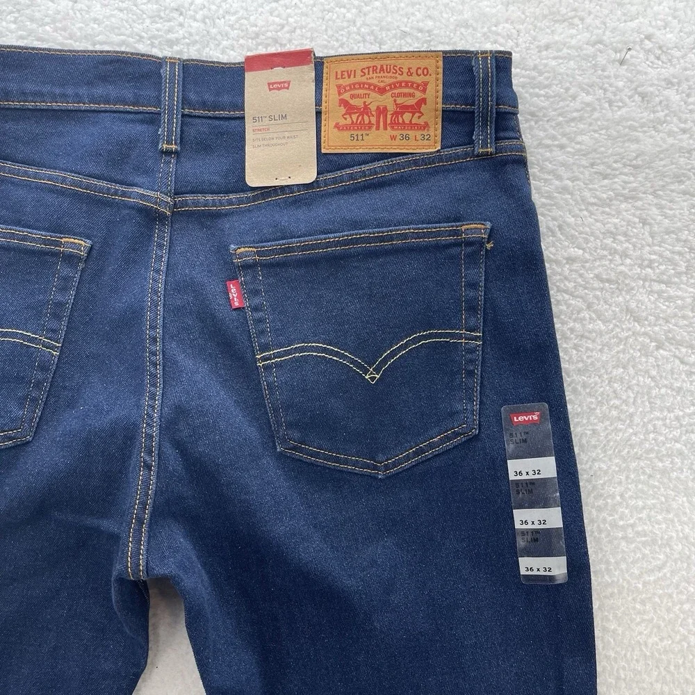 Levis 511 Jeans Men 36x32 Blue Slim Dark Wash Stretch Denim Preppy Grunge NEW